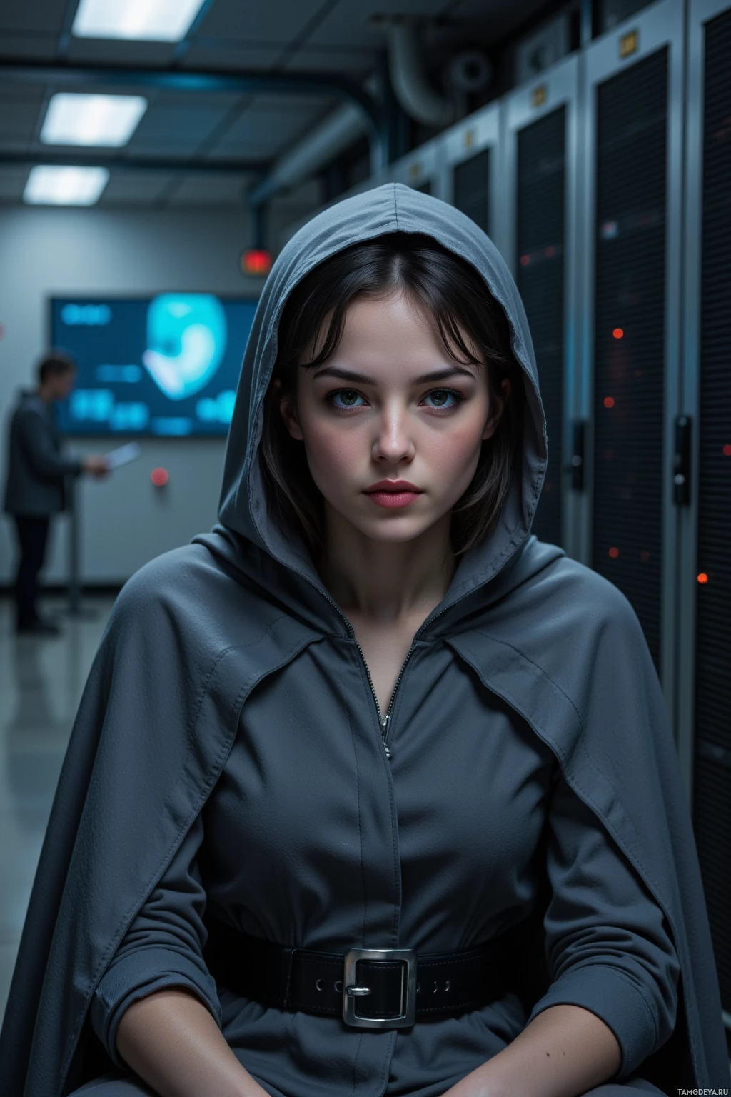 A person in a hooded jacket and belt stands in a server room with a monitor in the background.