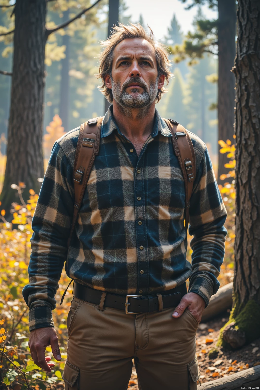 A man in a plaid shirt and hiking pants stands in a forest.