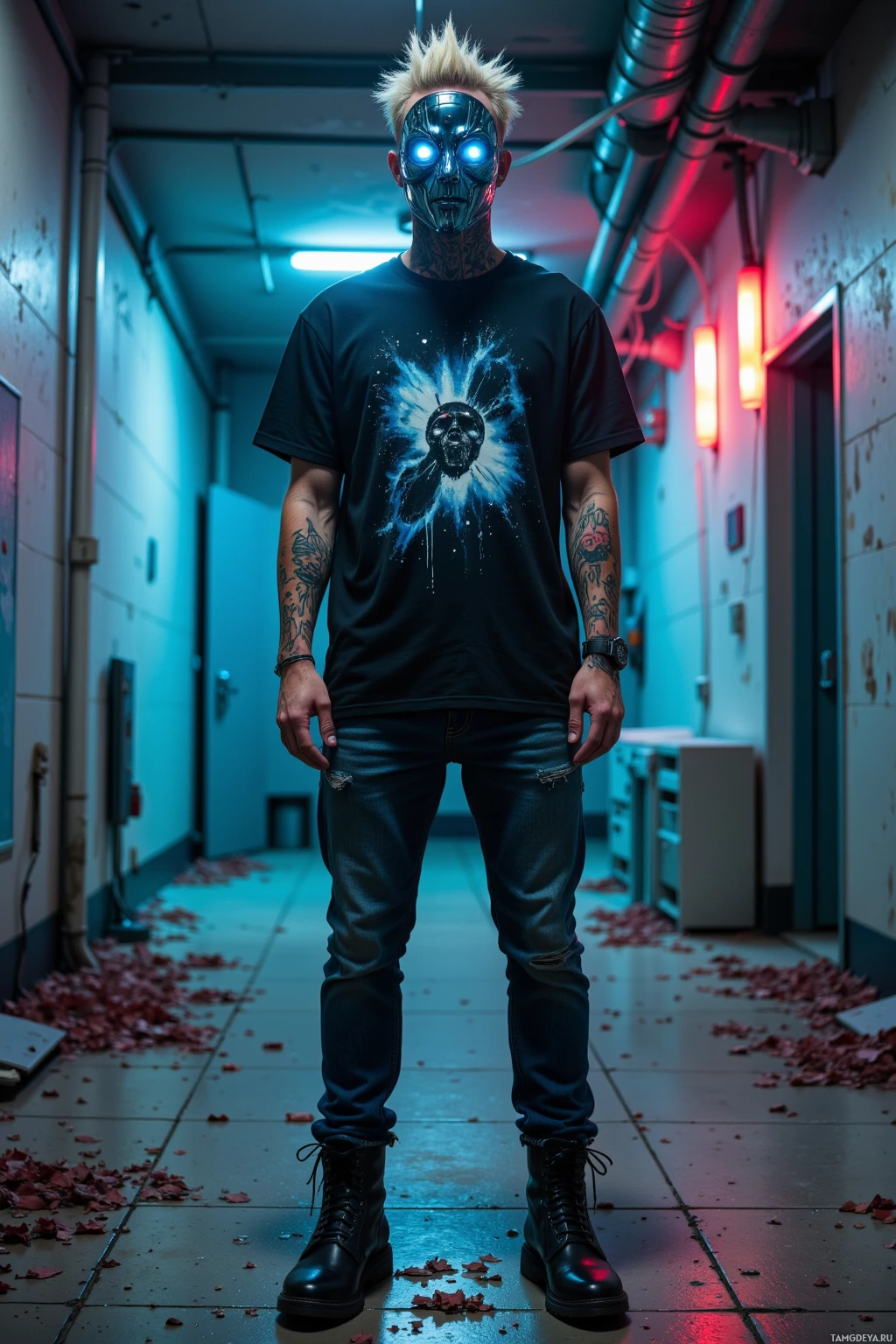 A person stands in a dimly lit corridor wearing a black t-shirt with a skull graphic, ripped jeans, and black boots.