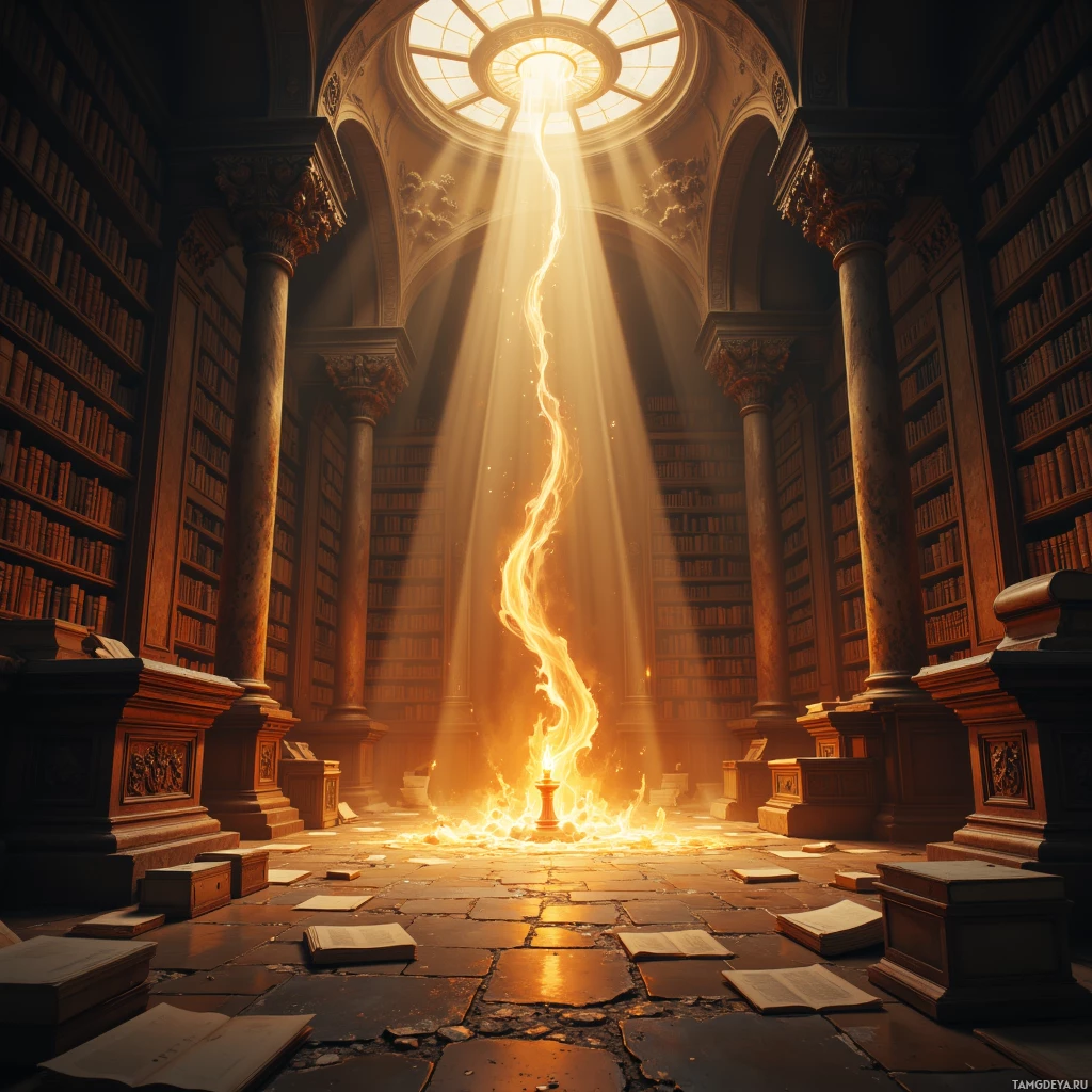 A grand library with columns and bookshelves, illuminated by a radiant light beam from above.