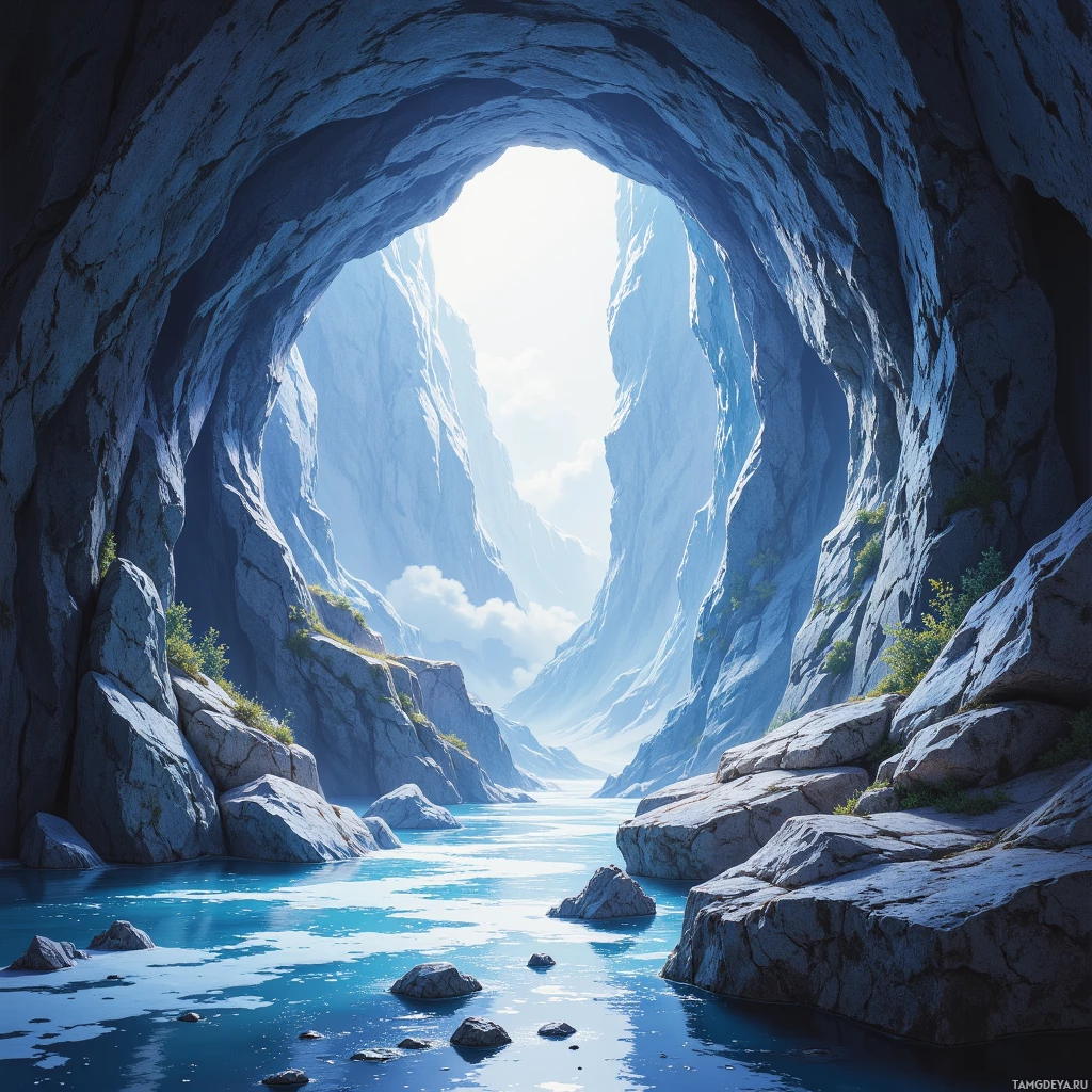 A serene view of a rocky canyon with a bright light shining through the opening.