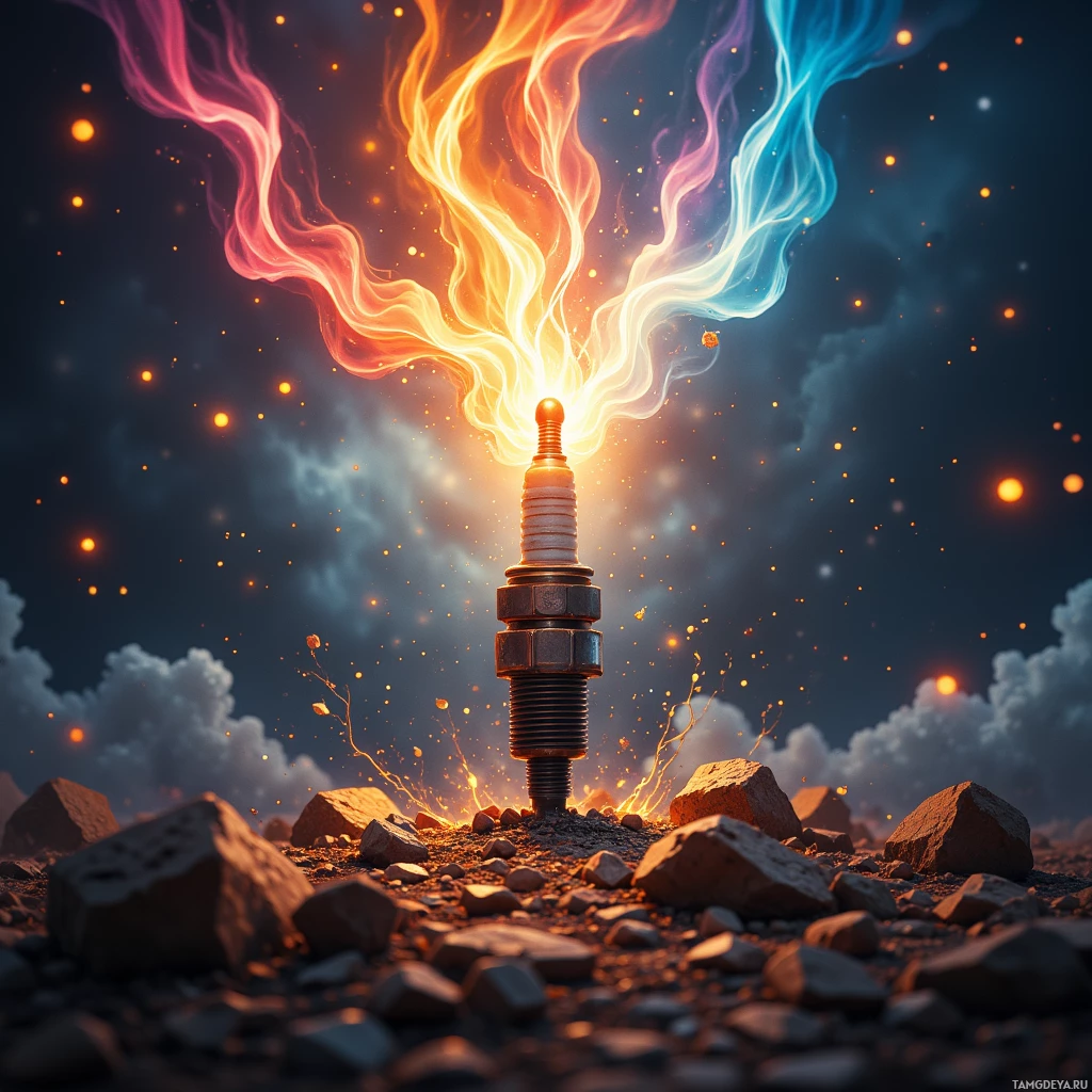 A spark plug emitting colorful flames and sparks against a night sky.