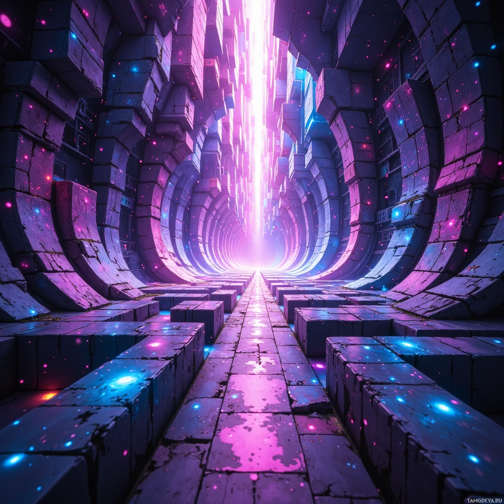 A futuristic tunnel with glowing purple and blue lights and a bright light at the end.