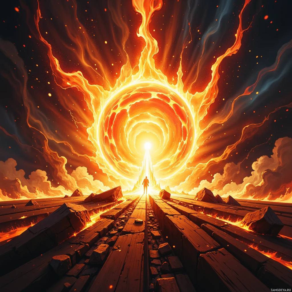 A fiery, glowing portal with a figure standing at its entrance, leading to a bright light.