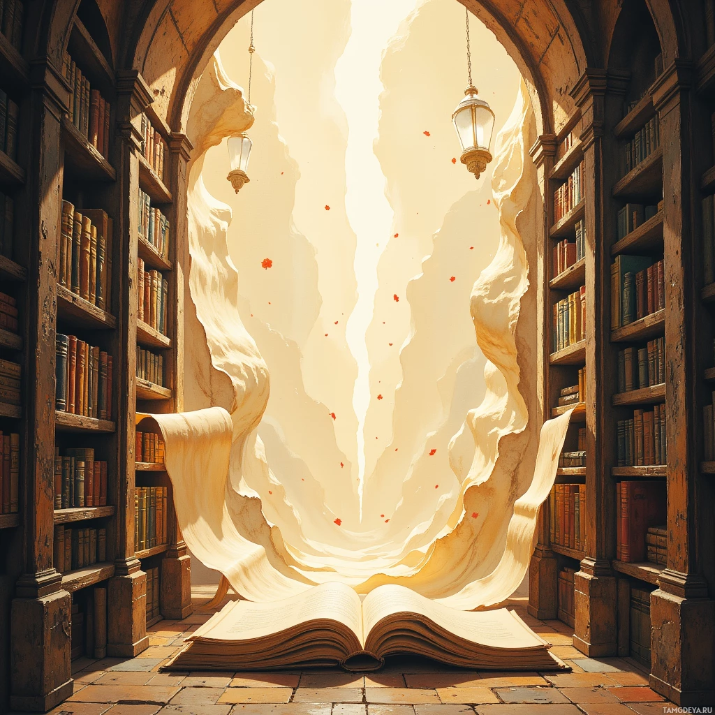 A grand library with towering bookshelves and a glowing, open book at its center.