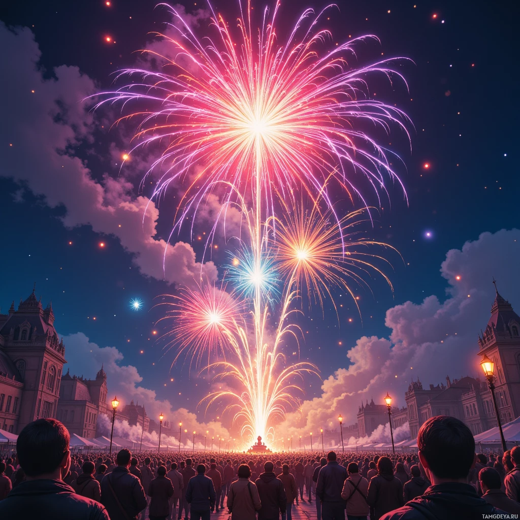 A vibrant fireworks display illuminates the night sky over a bustling crowd in a city square.