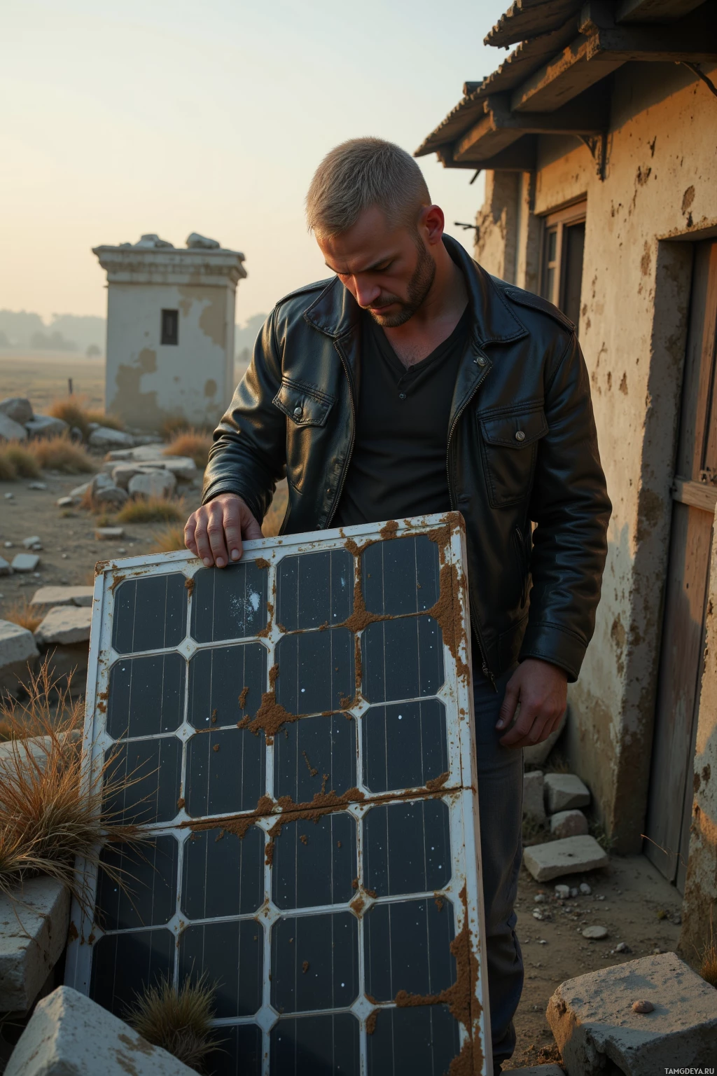 A man in a leather jacket holds a dusty solar panel in a rural setting.