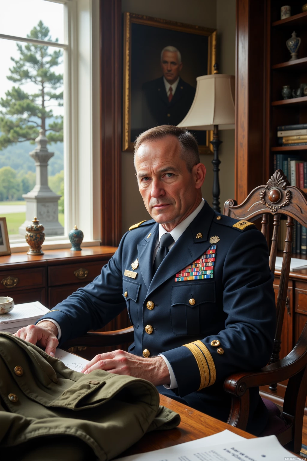 A military officer in uniform sits at a desk in a formal office setting.