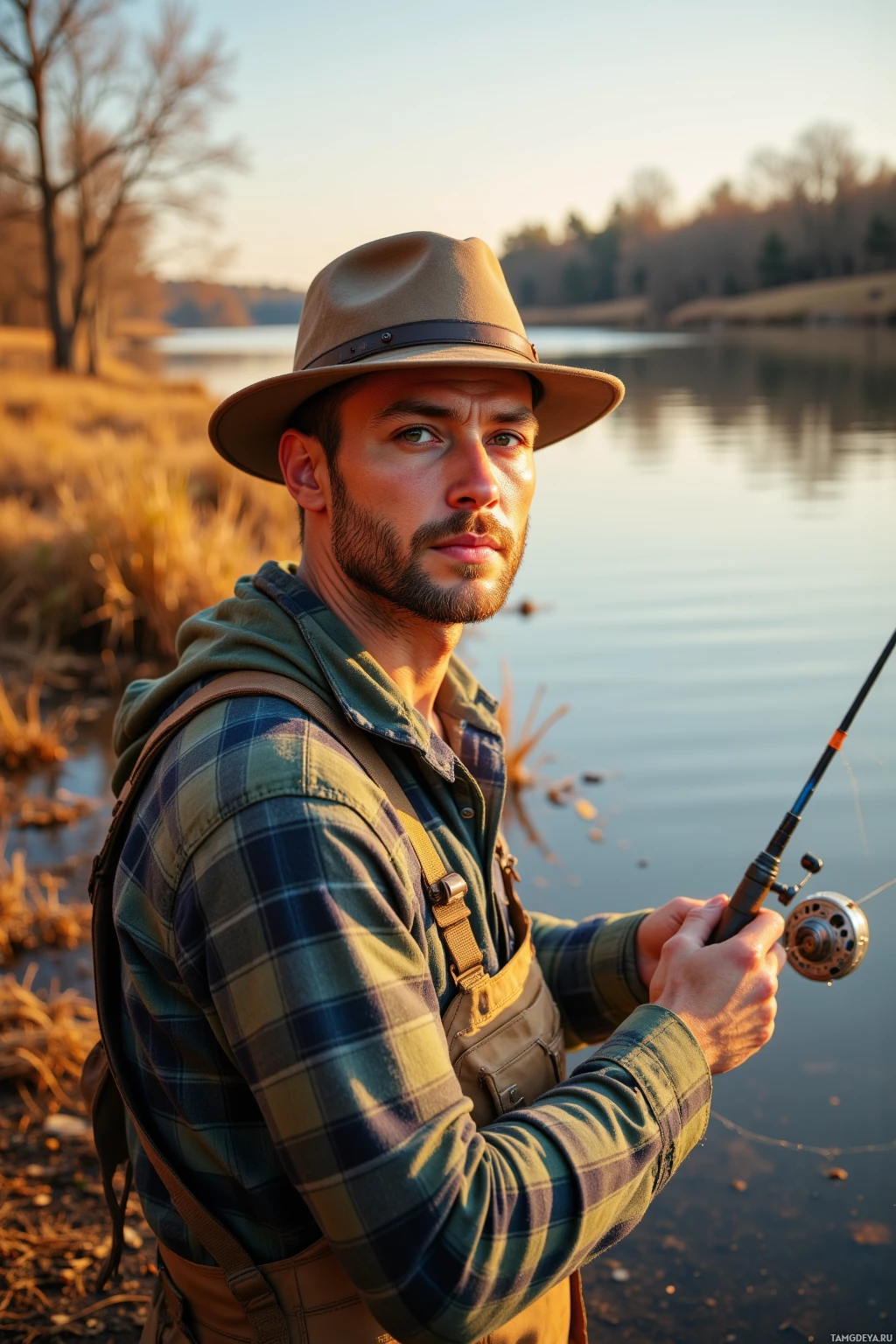 A man in a hat and fishing attire holds a fishing rod by a serene lakeside.