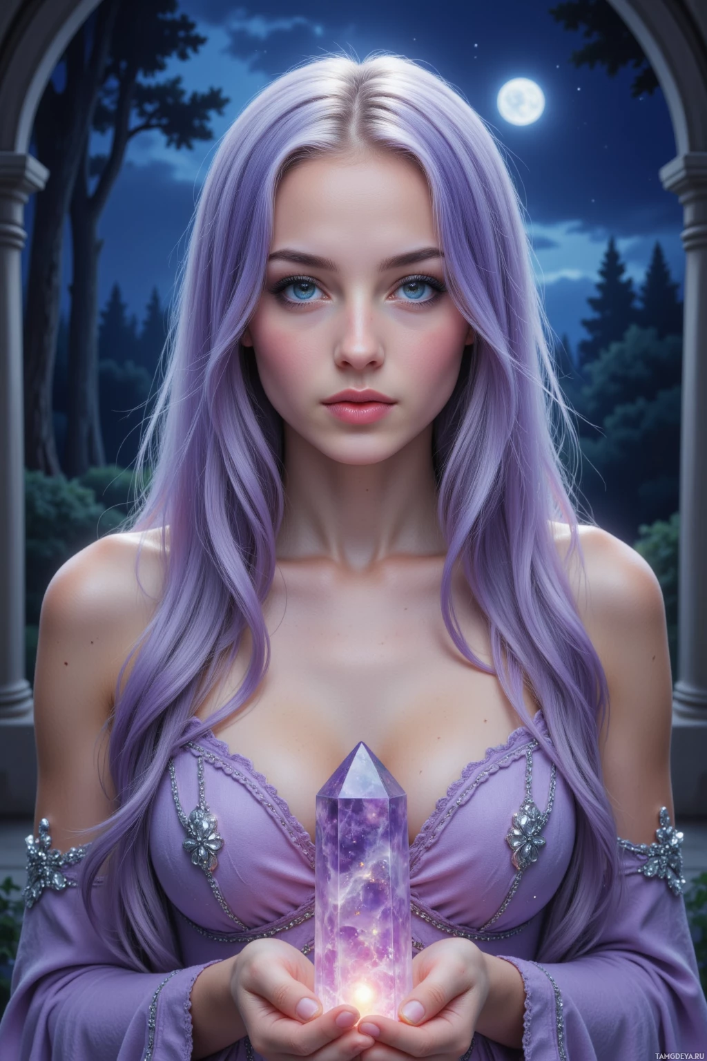 A woman with long, wavy purple hair holds a glowing crystal in a night setting with a full moon and trees in the background.