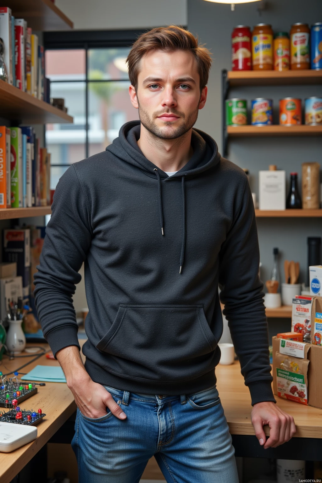 A man in a dark hoodie and jeans stands in a room with shelves of books and canned goods.