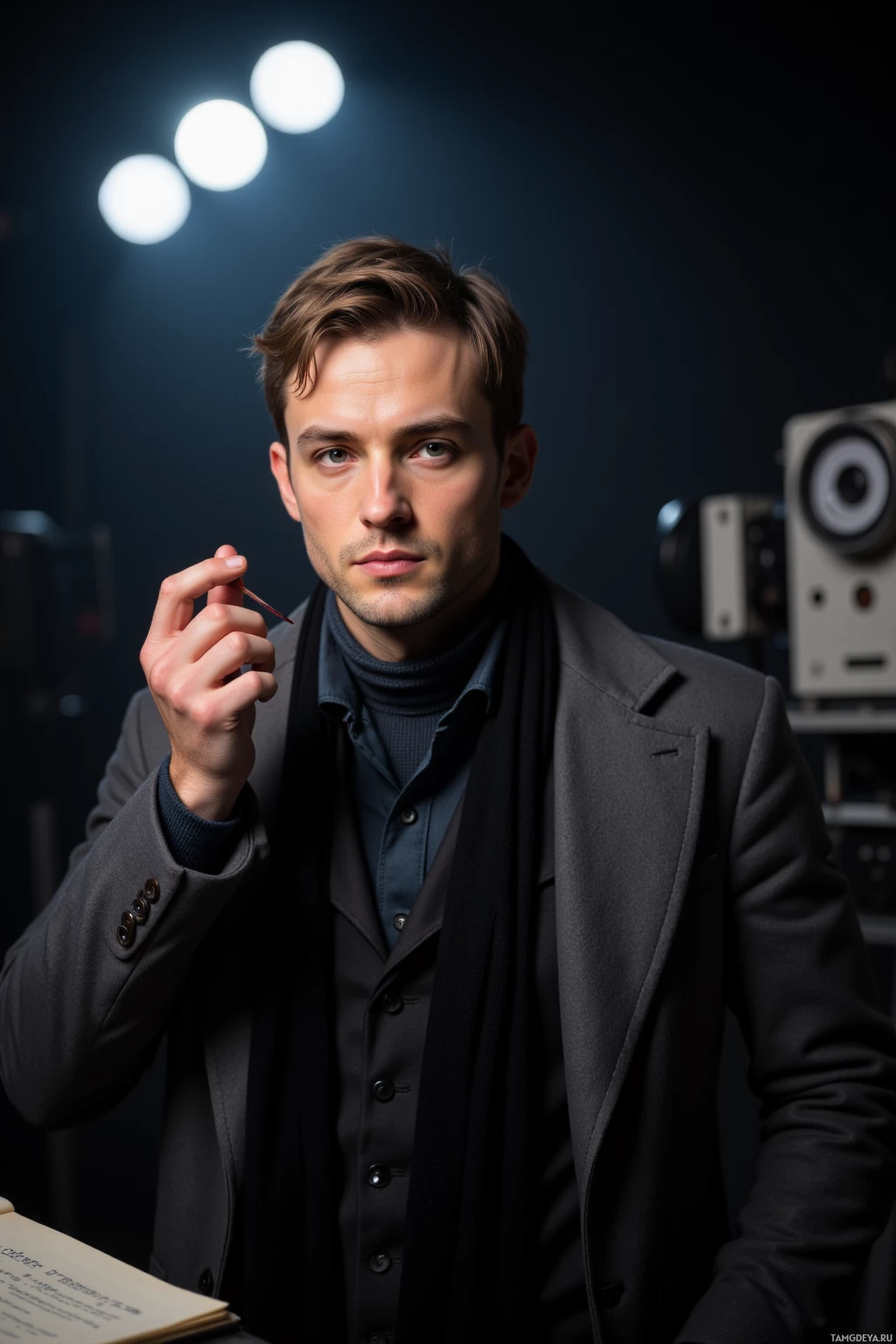 A man in a dark suit and scarf holds a pen and looks directly at the camera.