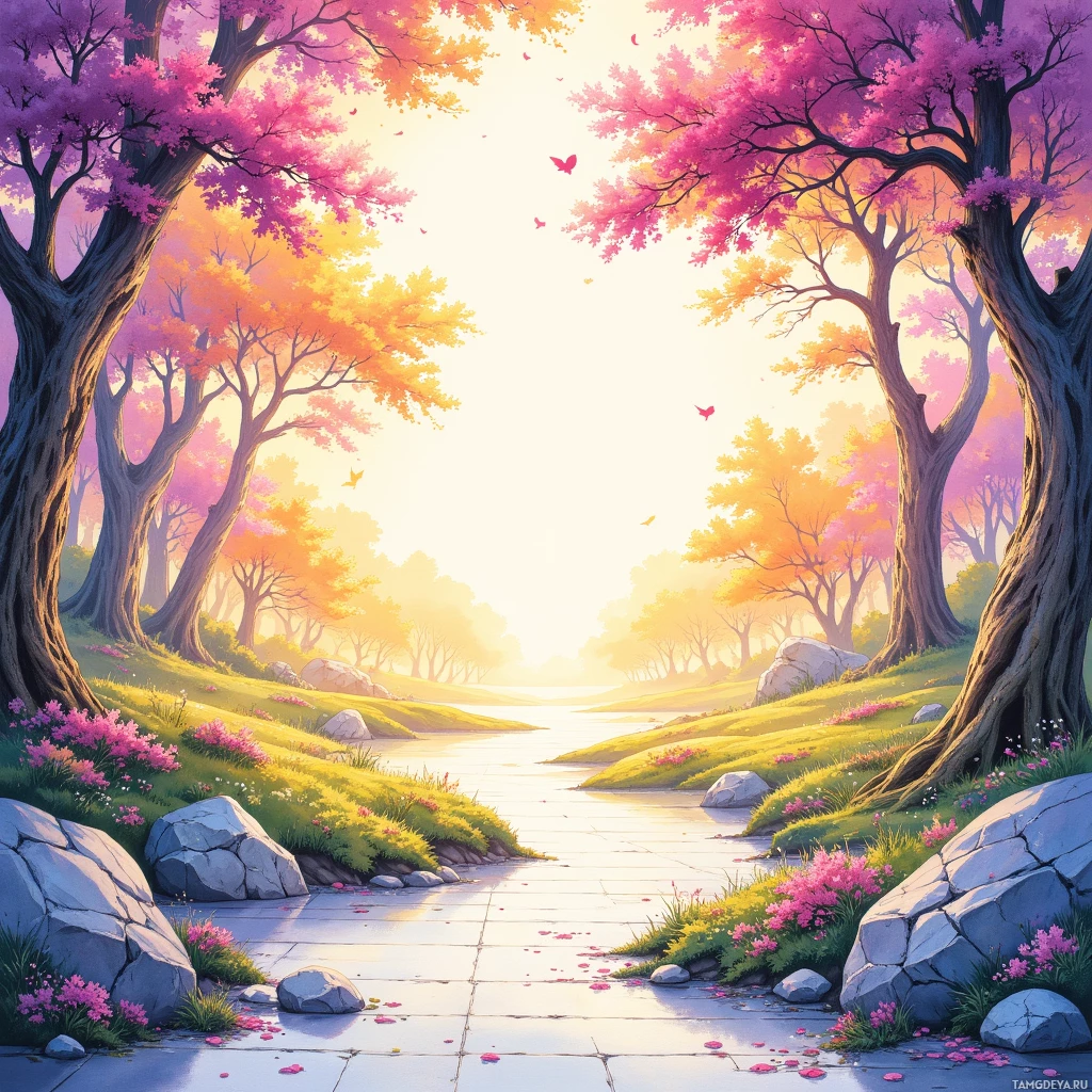 A serene landscape with vibrant pink and yellow trees lining a path leading to a tranquil river.