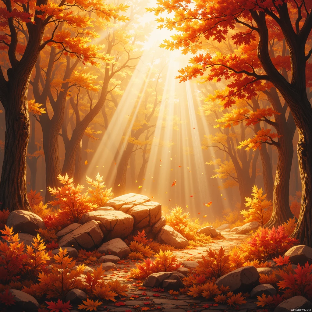 A serene autumn forest scene with golden sunlight streaming through the trees.