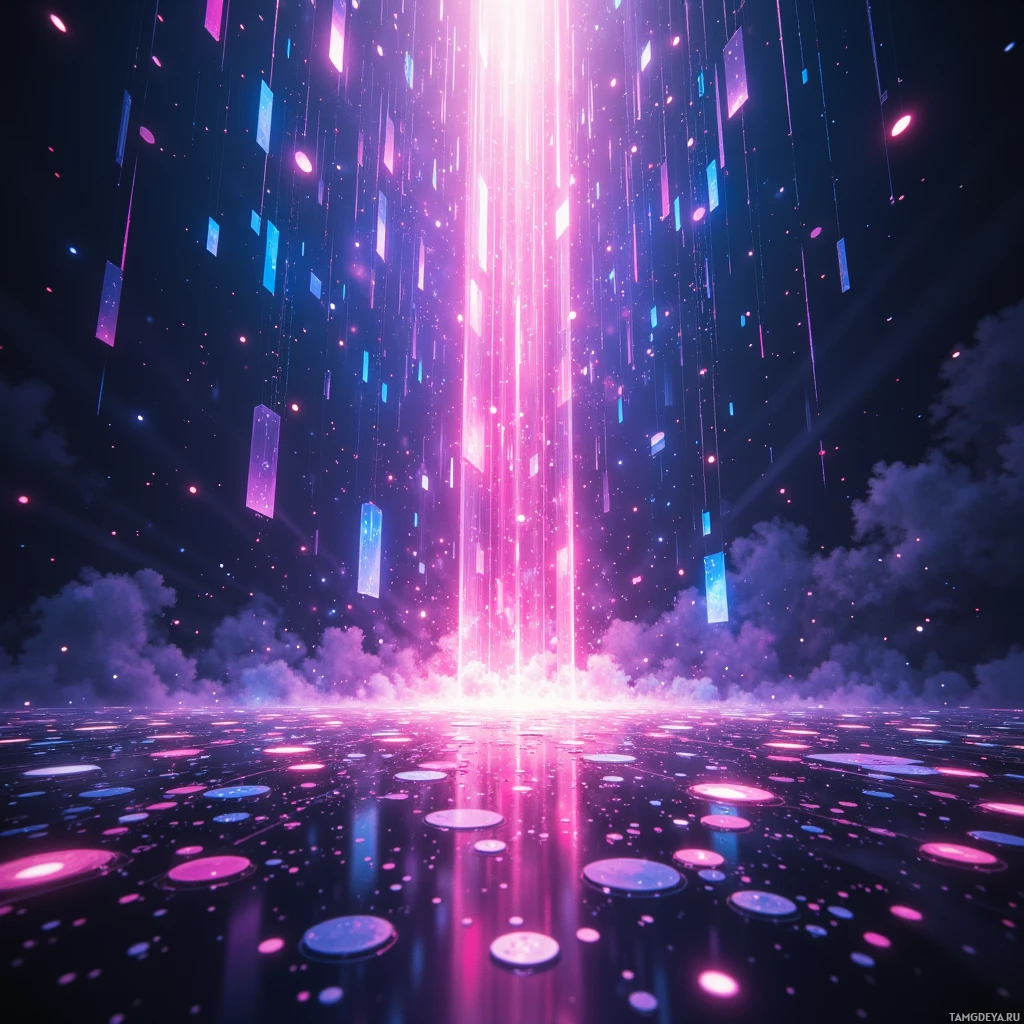 A vibrant, futuristic scene with glowing particles and light streaks descending against a dark sky.