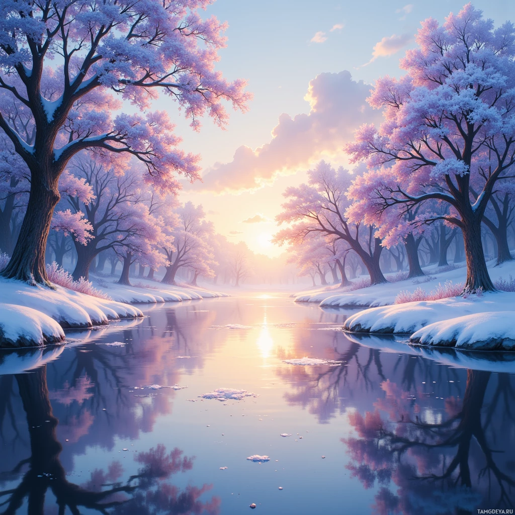 A serene winter landscape with snow-covered trees reflecting in a calm river under a soft, pastel sky.