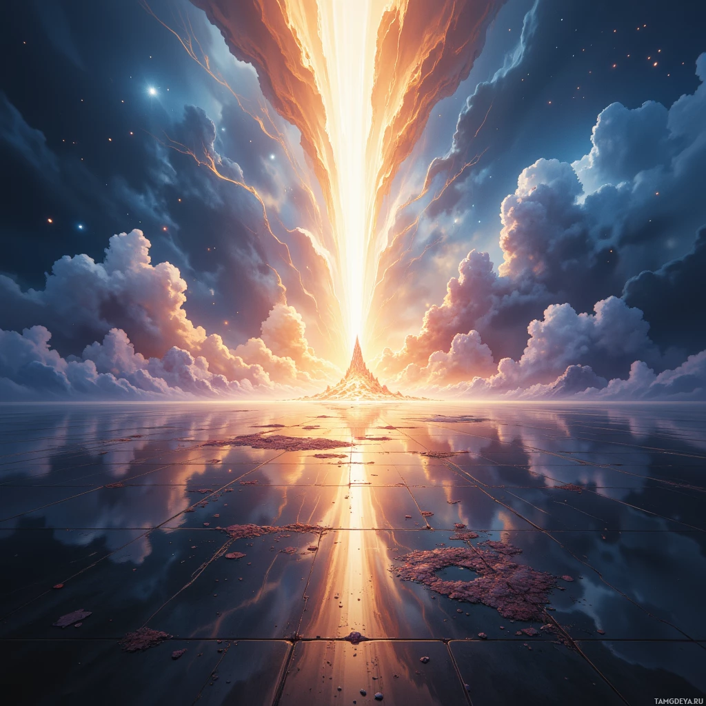 A serene landscape featuring a glowing horizon, a reflective surface, and a dramatic sky with clouds and stars.