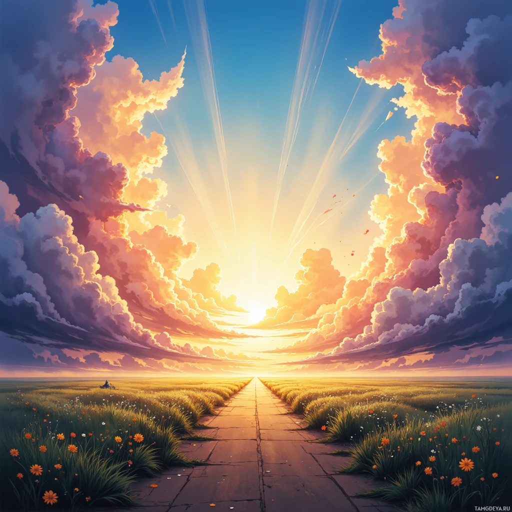 A serene sunset scene with a path leading into the horizon, surrounded by vibrant clouds and blooming flowers.
