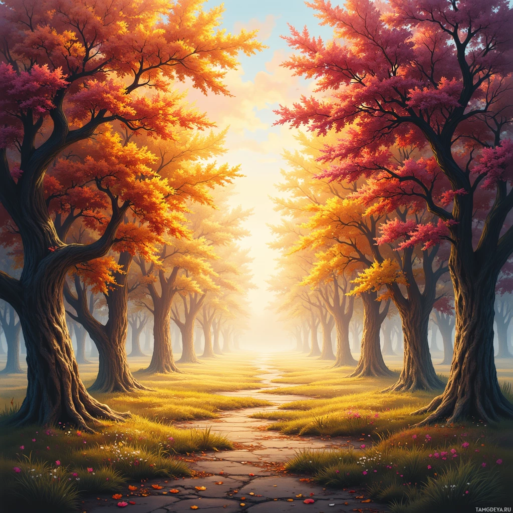 A serene forest path lined with autumn-colored trees bathed in golden sunlight.