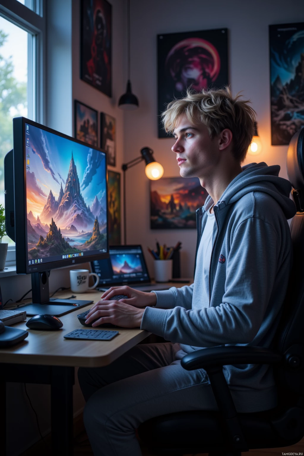 A person is sitting at a desk in a dimly lit room, working on a computer with a scenic mountain wallpaper.