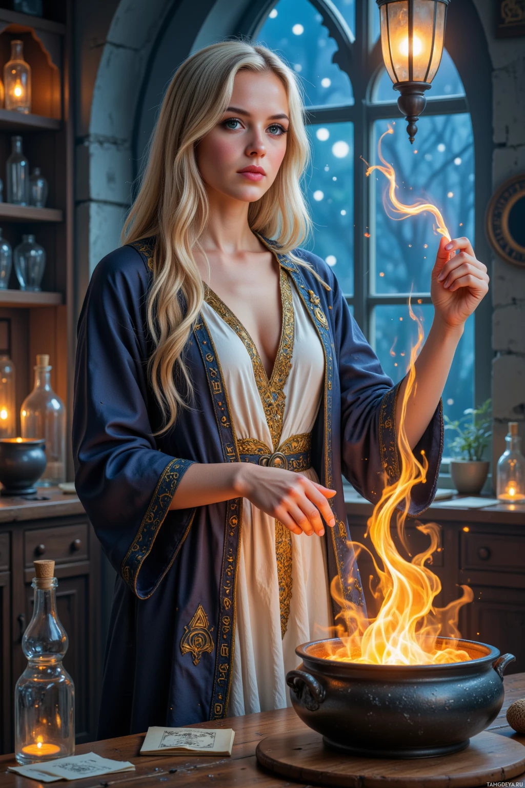 A woman in a robe holds a glowing wand above a pot of fire in a cozy, medieval-style room.