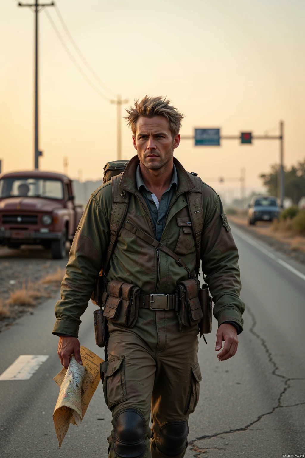 A man in military-style attire walks along a road, holding a map and carrying a backpack.