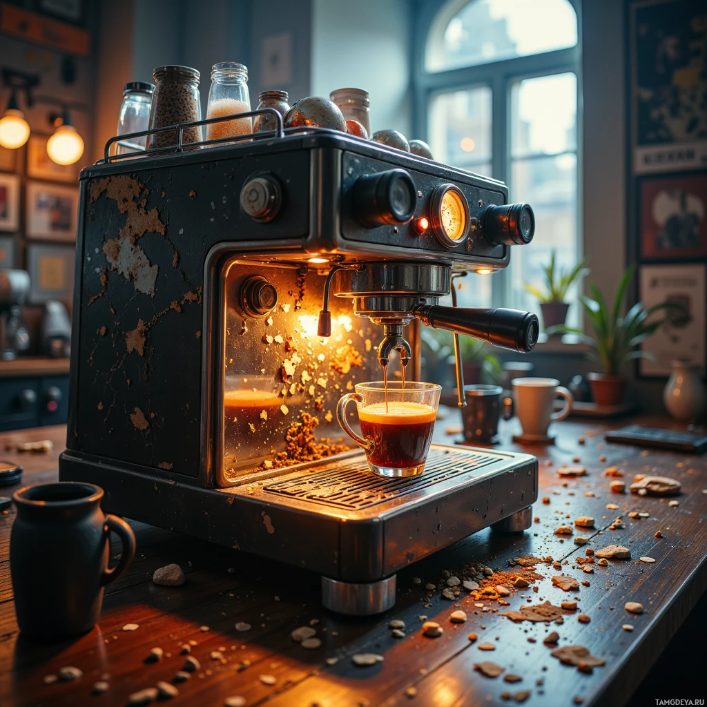 A vintage espresso machine with a glass cup of coffee on its portafilter, surrounded by scattered coffee grounds and jars of beans in a cozy setting.