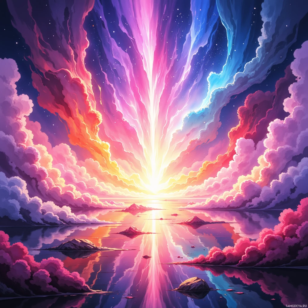 A vibrant sunset scene with colorful clouds and a reflective body of water.