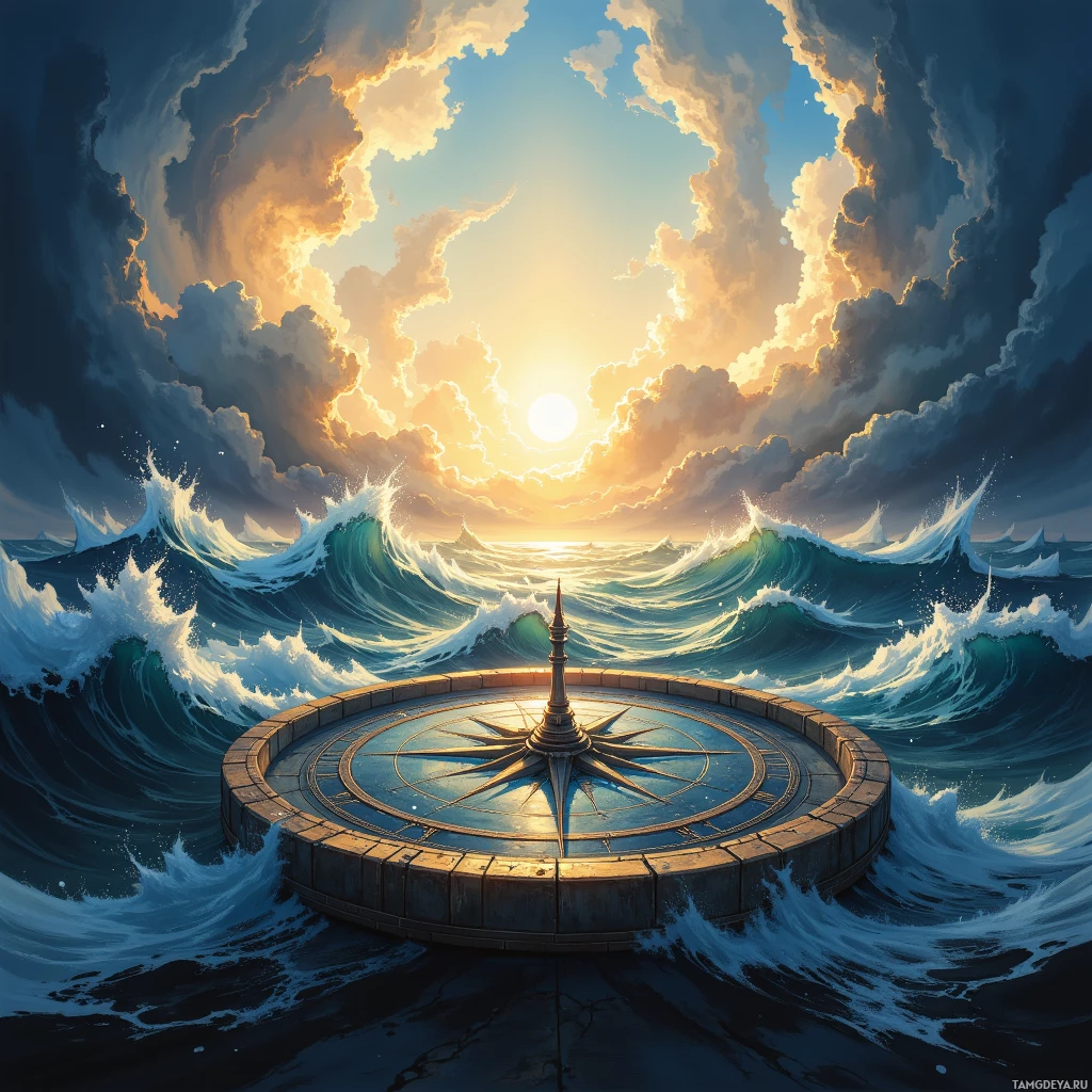 A compass sits amidst turbulent ocean waves under a dramatic sky at sunset.