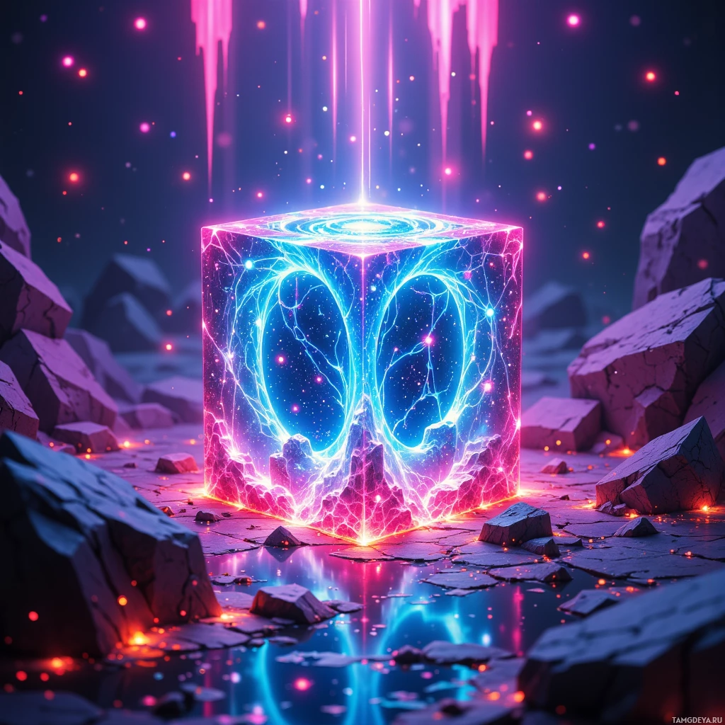 A glowing, neon-lit cube emits radiant energy amidst rocky terrain under a starry sky.