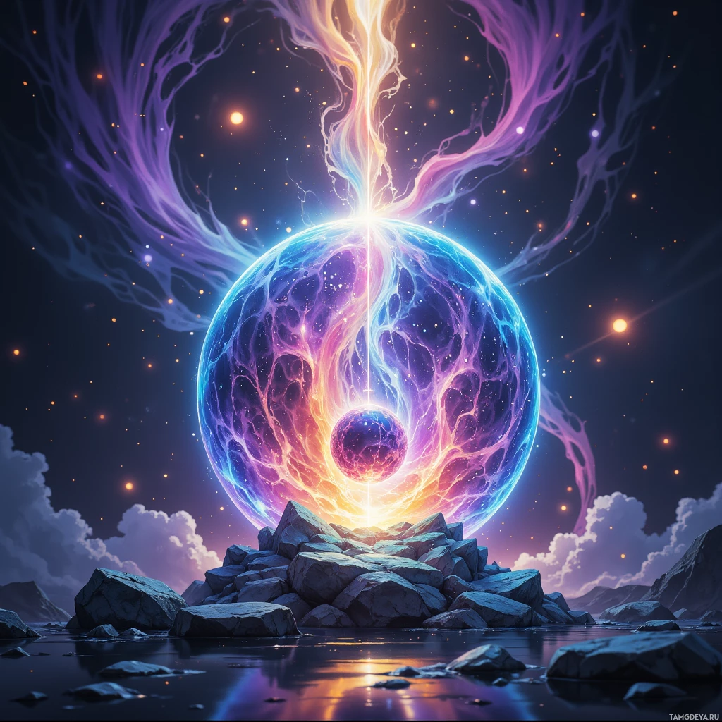 A glowing, ethereal sphere emits vibrant energy tendrils against a starry night sky, resting on rocky terrain.