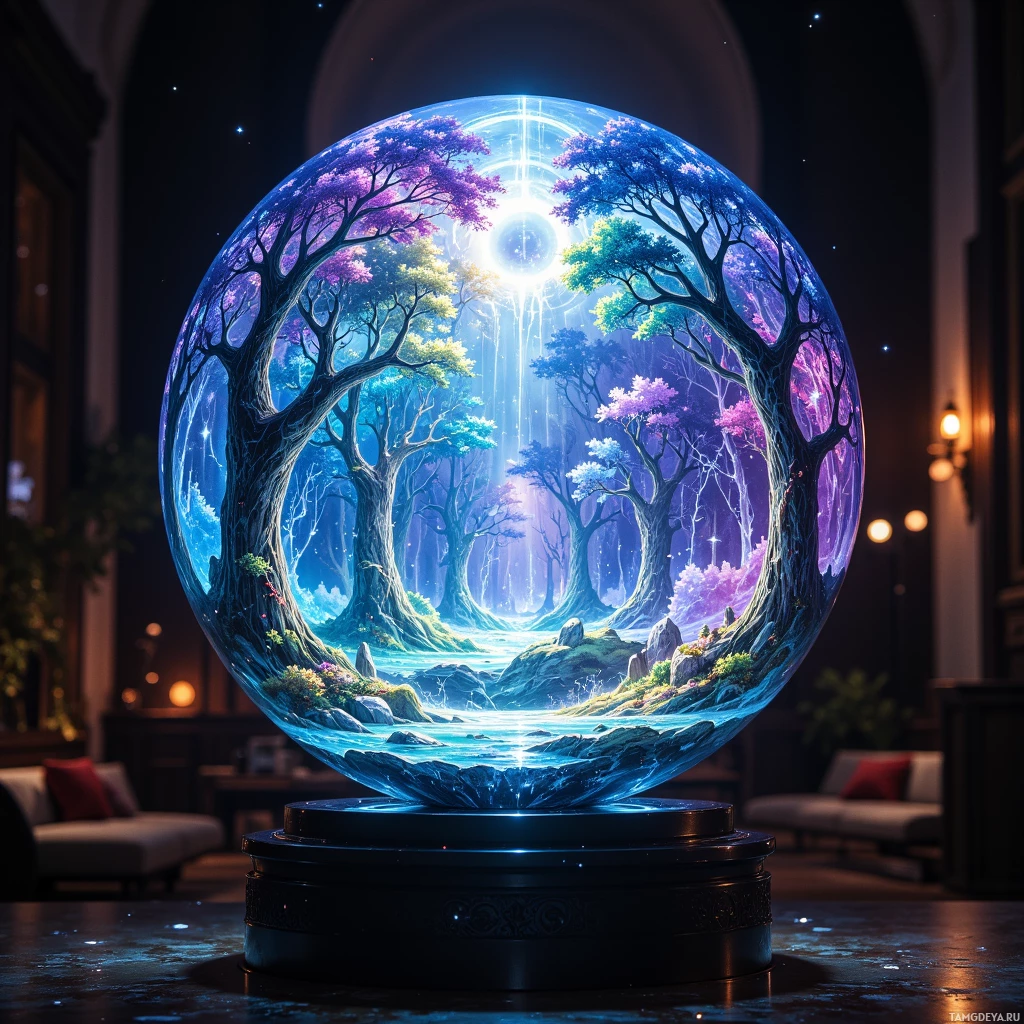 A glowing crystal sphere displays a serene forest scene with vibrant colors and a glowing light at its center.