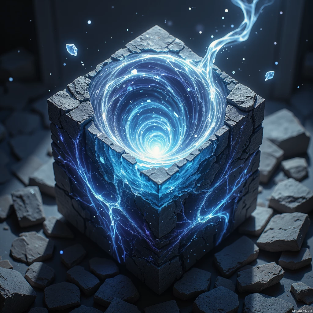A glowing blue portal within a stone cube surrounded by debris.