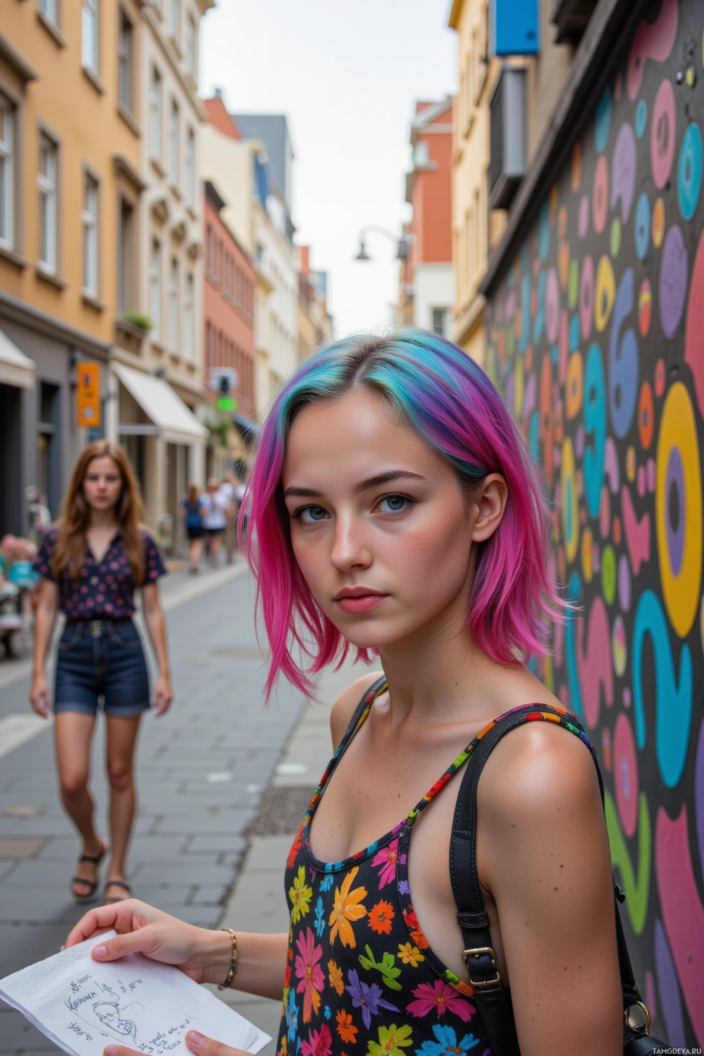 A young woman with colorful hair stands on a street, holding a piece of paper.
