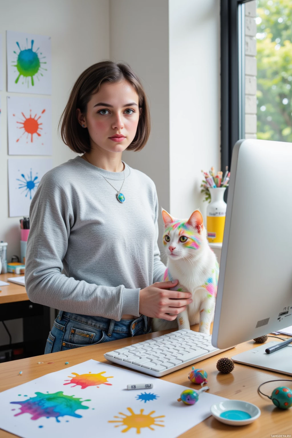 A person sits at a desk with a computer, holding a cat with colorful markings, surrounded by art supplies and colorful splatter paintings.