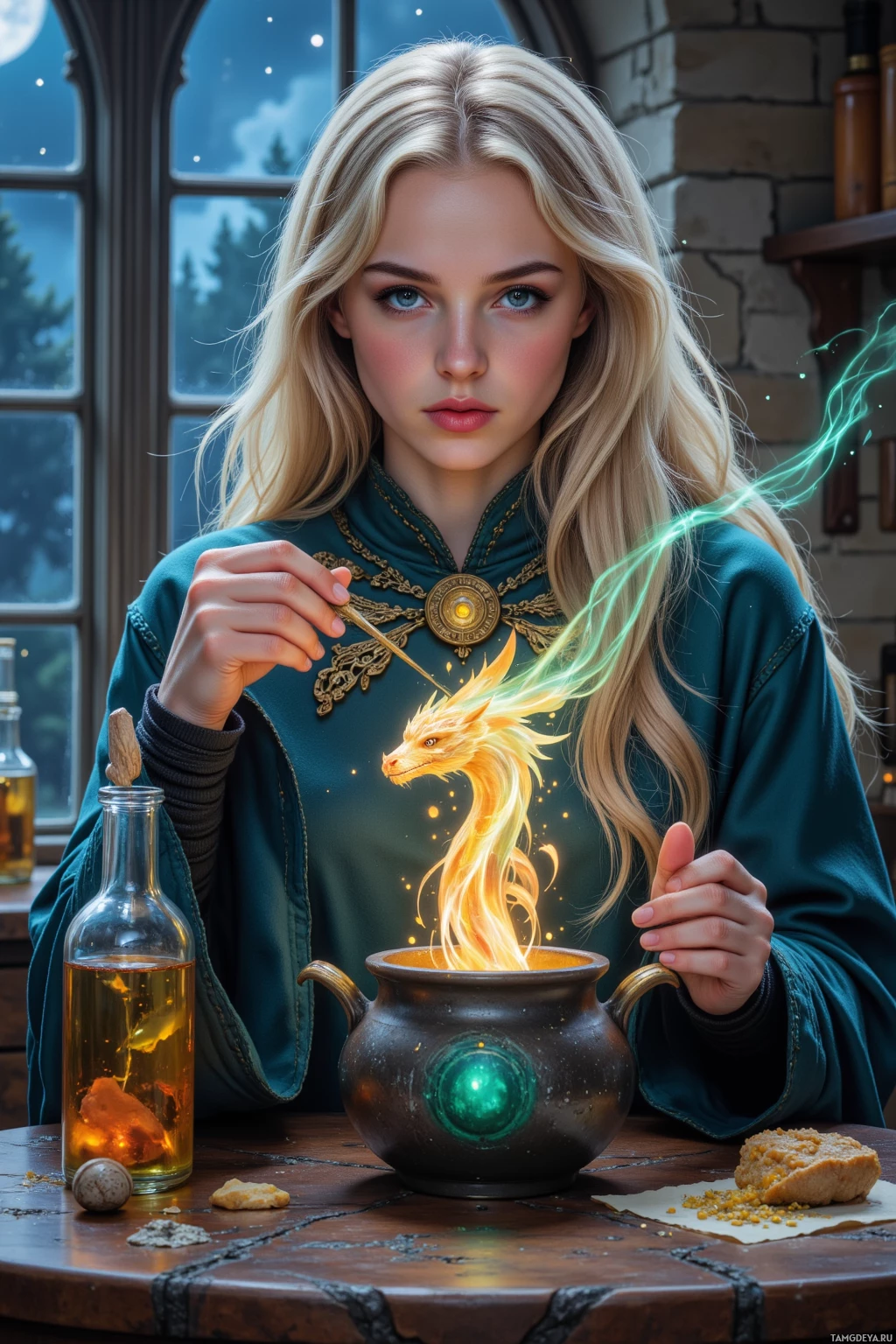 A person in a green robe holds a wand above a glowing dragon in a cauldron.