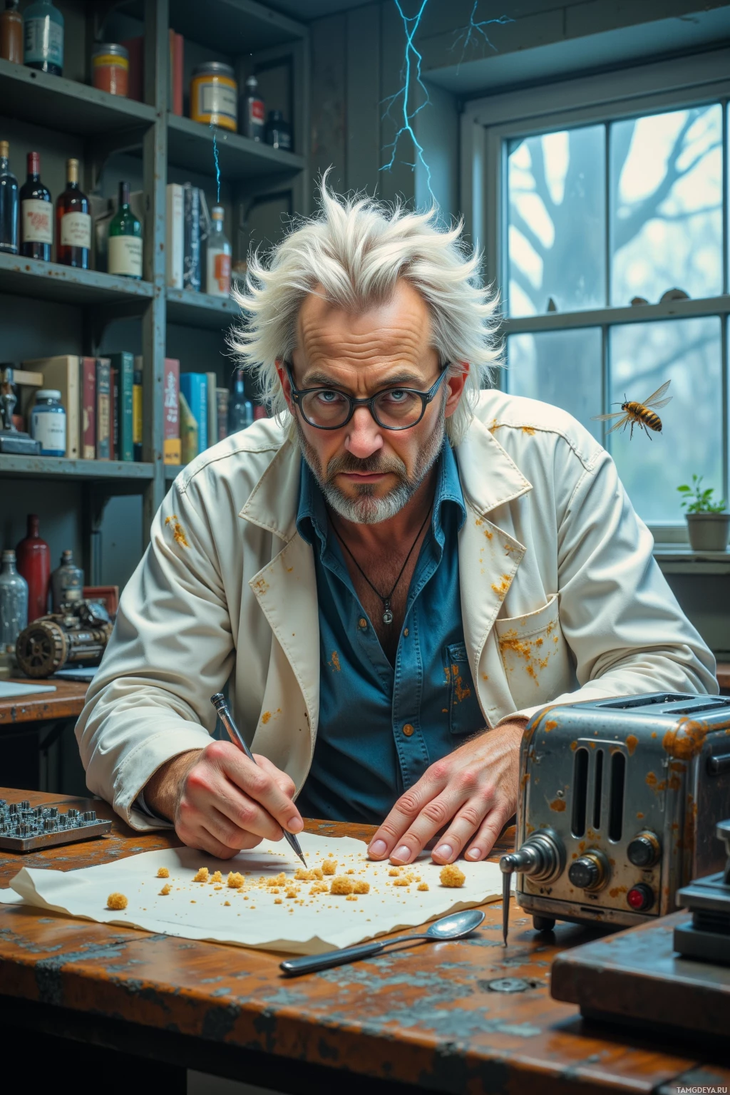 A man with white hair and glasses is sitting at a desk, writing with a pen, surrounded by shelves of bottles and books.