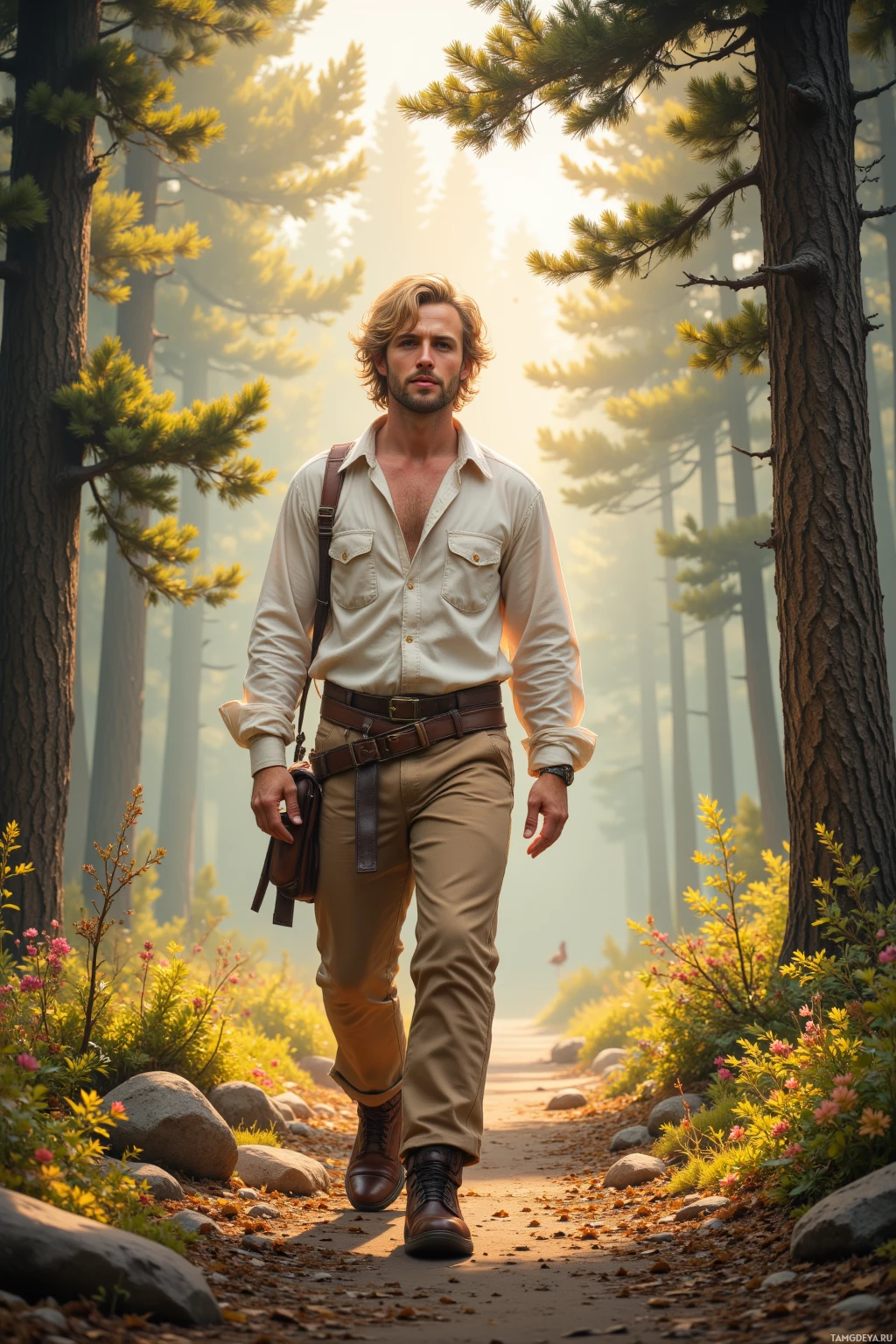A man in a white shirt and khaki pants walks along a forest path surrounded by tall trees and wildflowers.