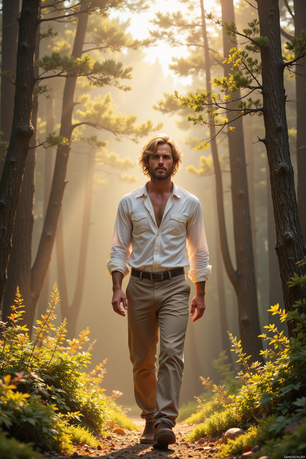 A man in a white shirt and khaki pants walks through a forest with sunlight filtering through the trees.