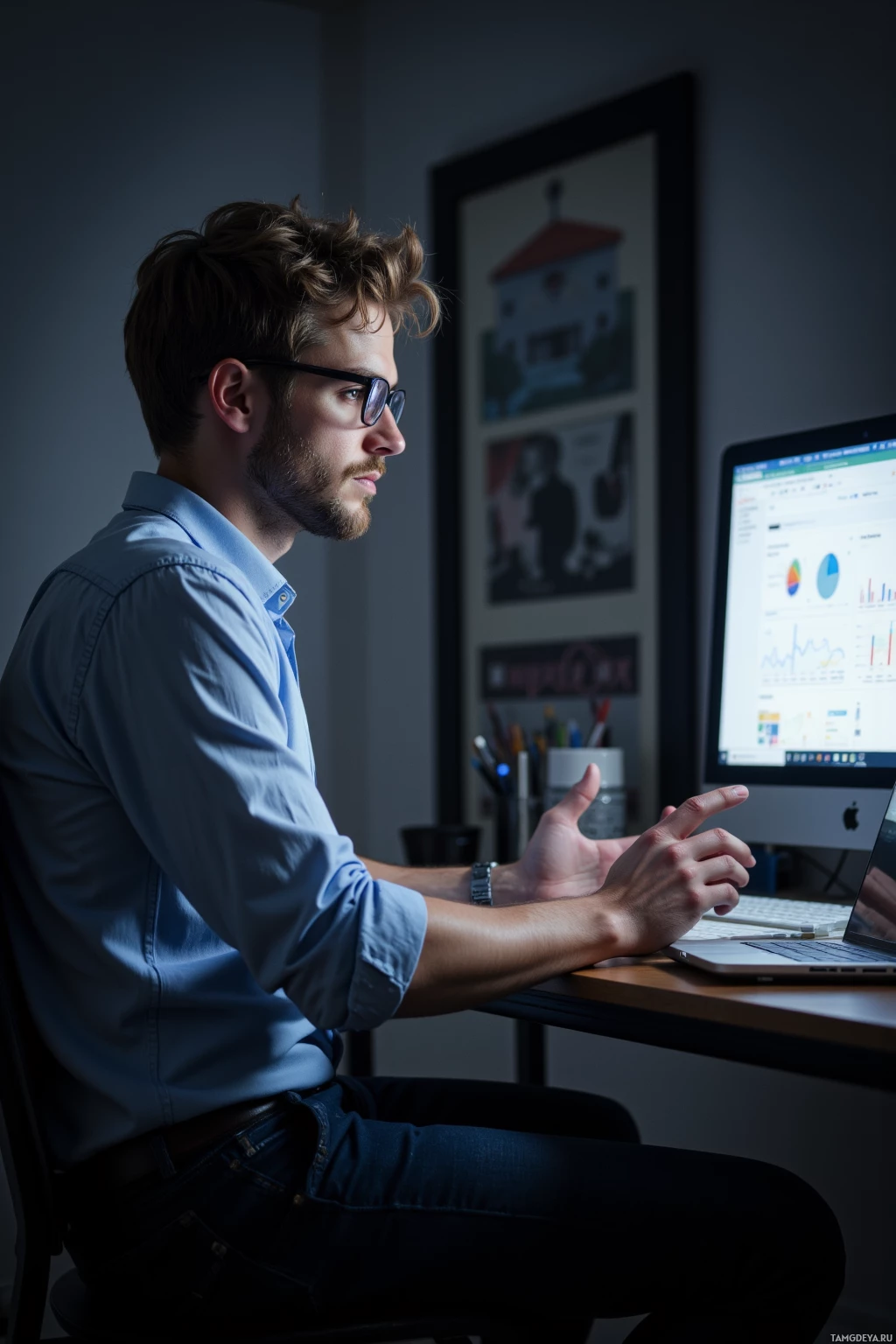A man wearing glasses sits at a desk, working on a laptop with a graph displayed on the screen.