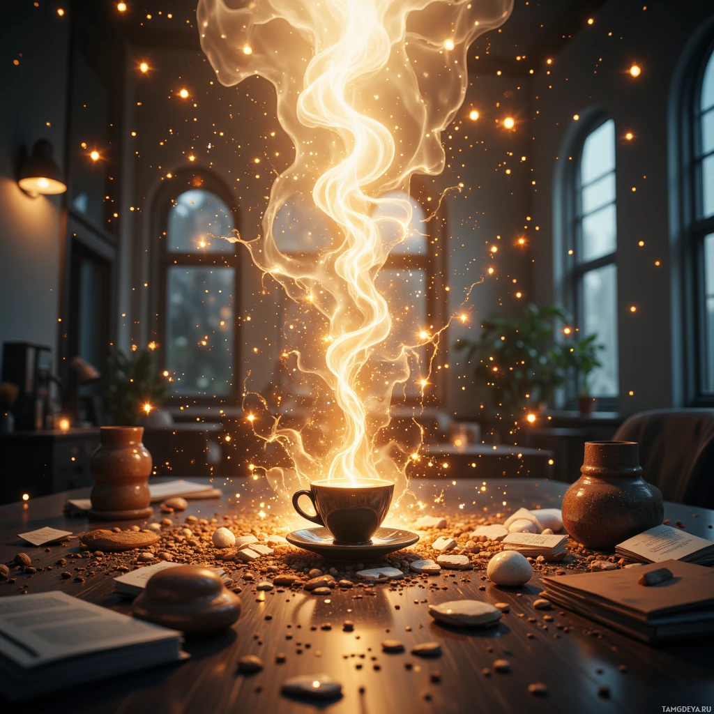A glowing, ethereal stream of light rises from a cup on a table, surrounded by scattered stones and books, in a dimly lit room with arched windows.