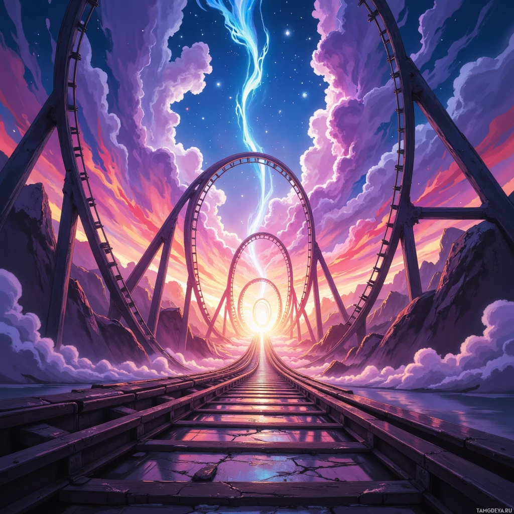 A surreal landscape featuring a winding track leading into a glowing portal under a vibrant sky.