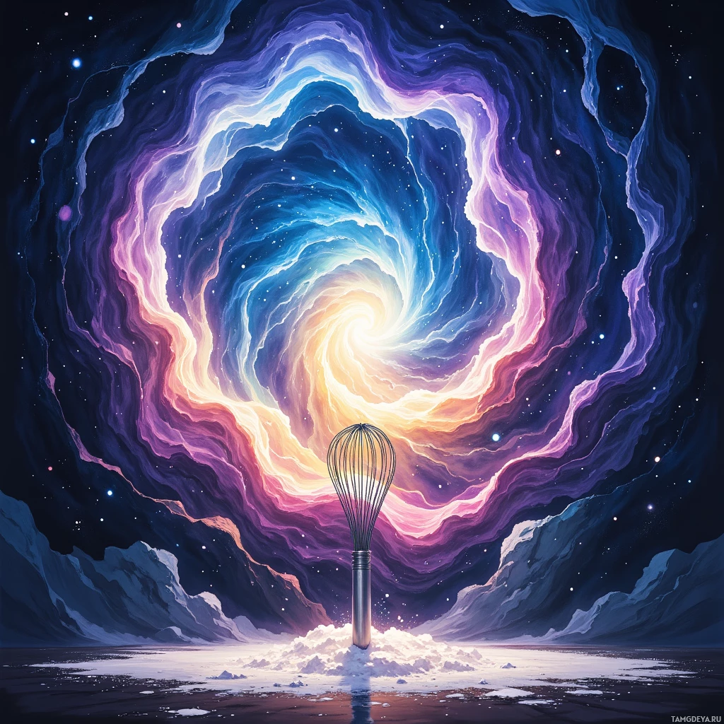 A vibrant, cosmic scene featuring a swirling galaxy and a whisk-like object in a snowy landscape.