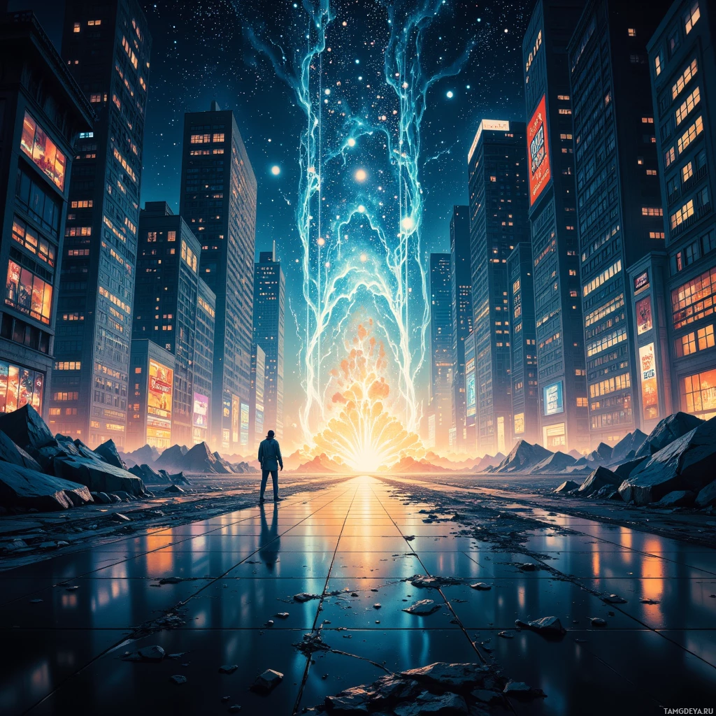 A lone figure stands before a cityscape with a glowing, cosmic portal in the sky.