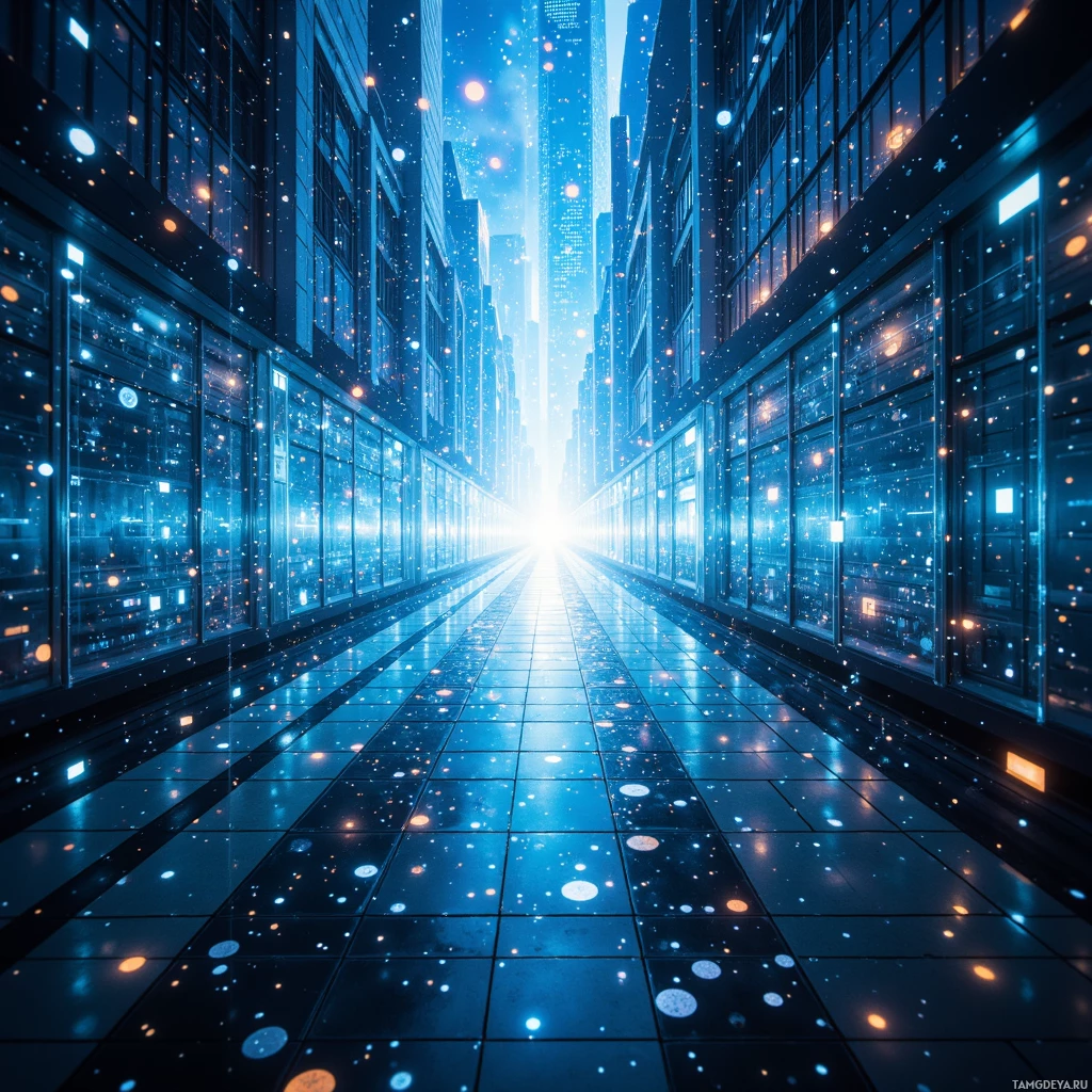 A futuristic cityscape with glowing lights and tall buildings.