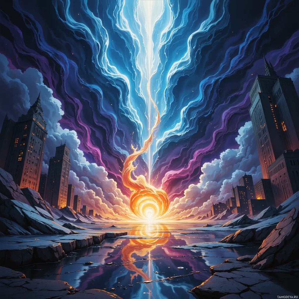 A vibrant cityscape with a glowing, abstract energy beam rising from the ground, reflecting in a body of water.