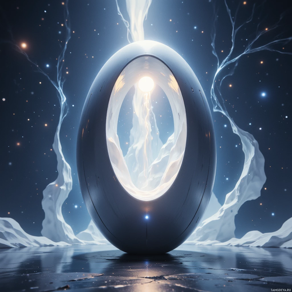 A glowing, ethereal orb with flowing light streams against a starry night sky.