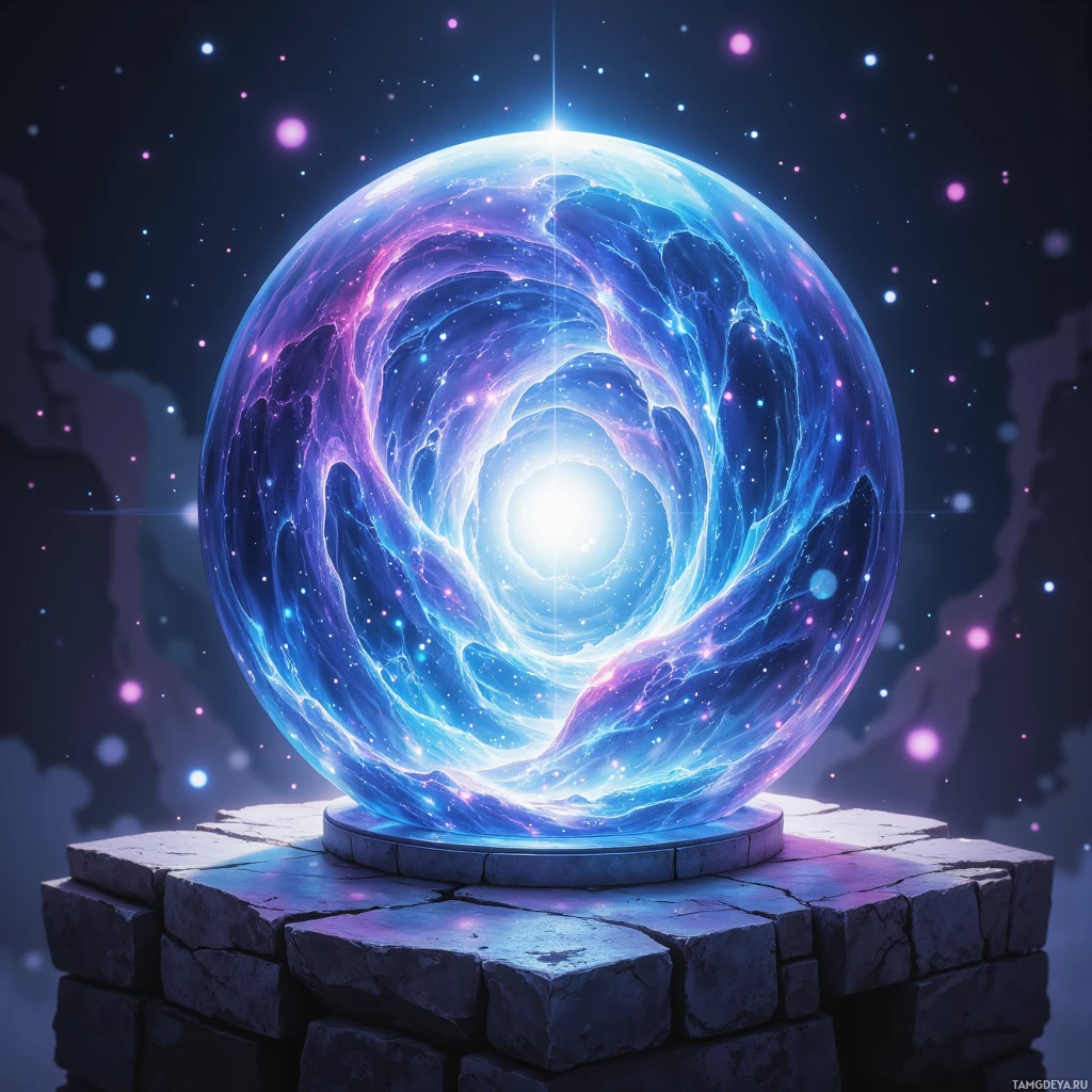 A glowing, cosmic sphere with swirling patterns sits atop a stone pedestal against a starry night sky.