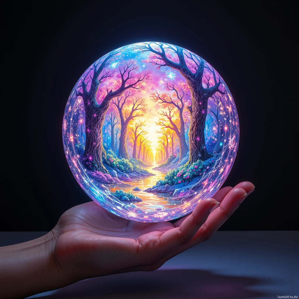 A hand holds a glowing, colorful crystal ball depicting a magical forest scene.