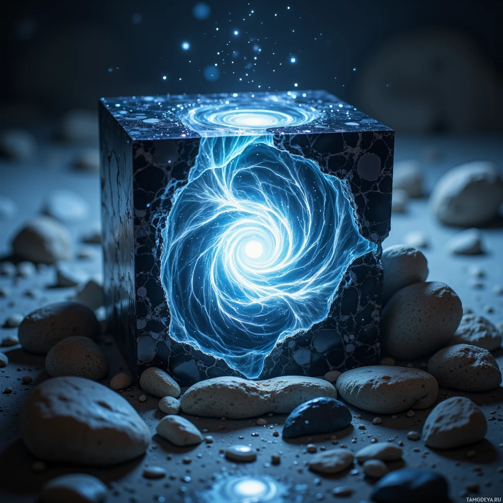 A glowing, swirling portal within a cube surrounded by rocks.